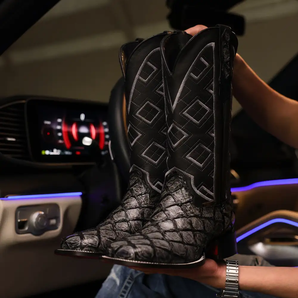 Midnight Grey Pirarucu Leather Boots - Square Toe