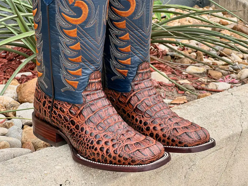 Mens Cognac Crocodile Leather Boots With Blue Shaft
