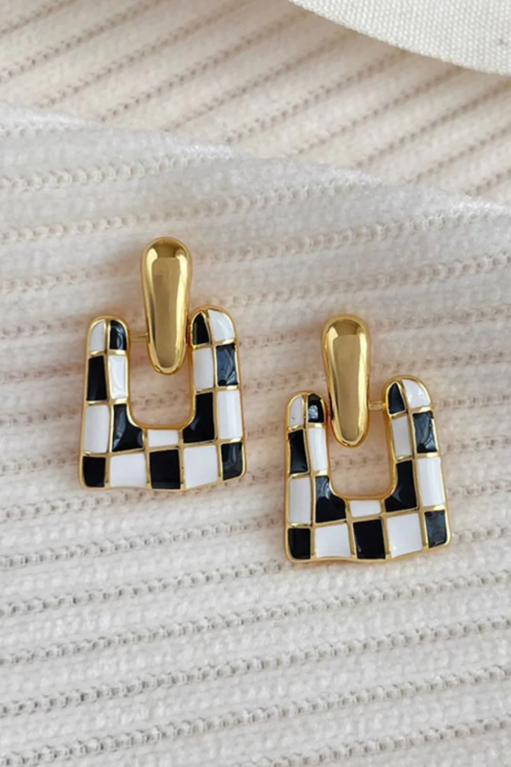 Black Checkered Pattern Square Shape Stud Dangle Earrings