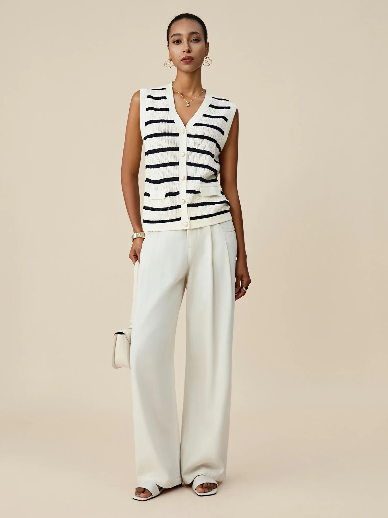 Lyocell & Linen V-Neck Sleeveless Striped Knitted Vest