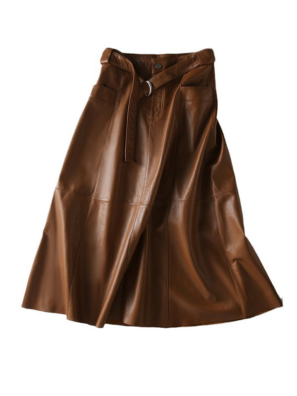 Belted Buttoned Pockets Solid Color Split-Joint Zipper A-line High Waisted Skirts Bottoms
