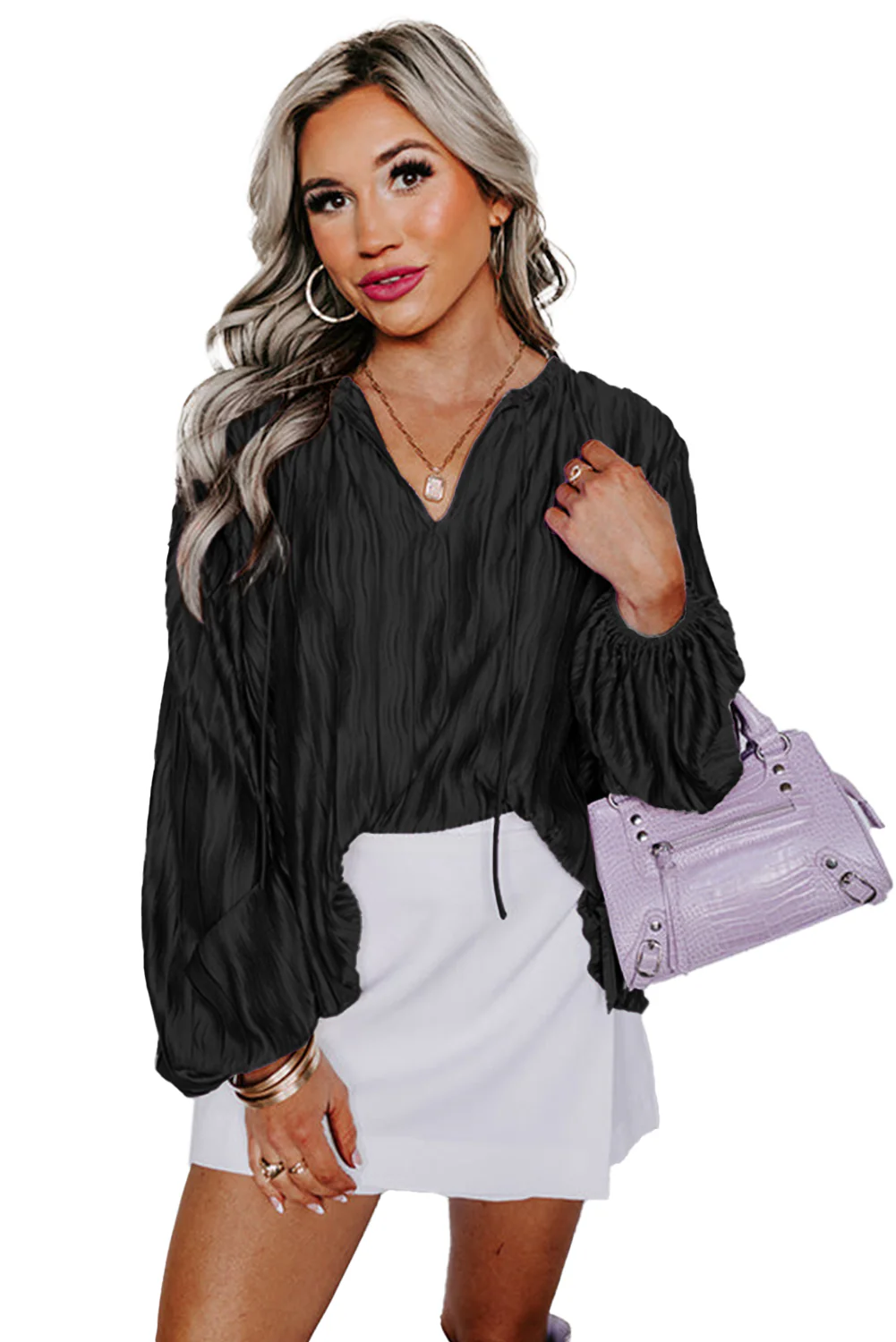 Textured Bubble Sleeve V Neck Loose Blouse