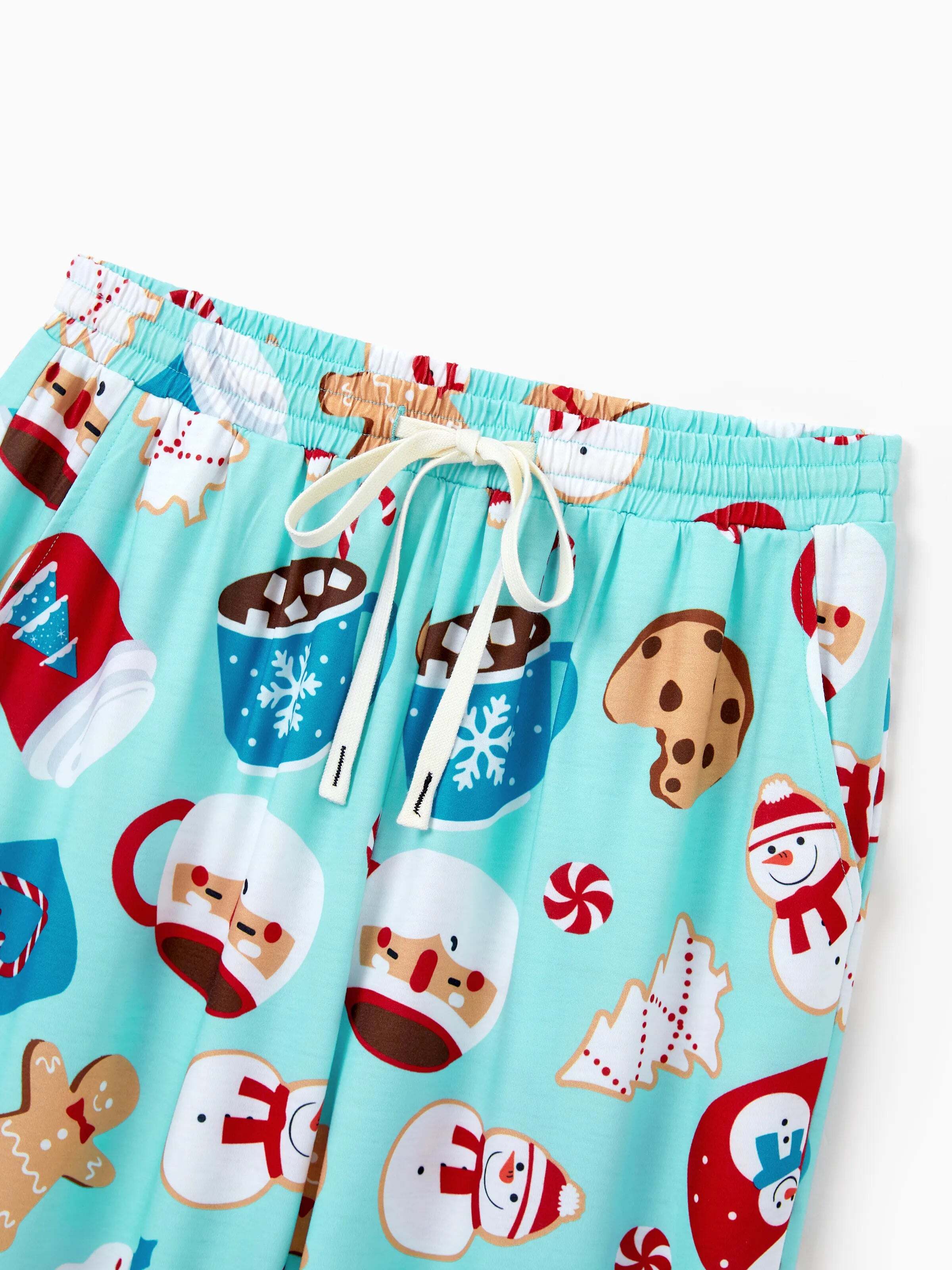 Christmas Matching Family Pajamas Set Gingerbread Print Blue and Red PJS with Christmas Socks Light Blue