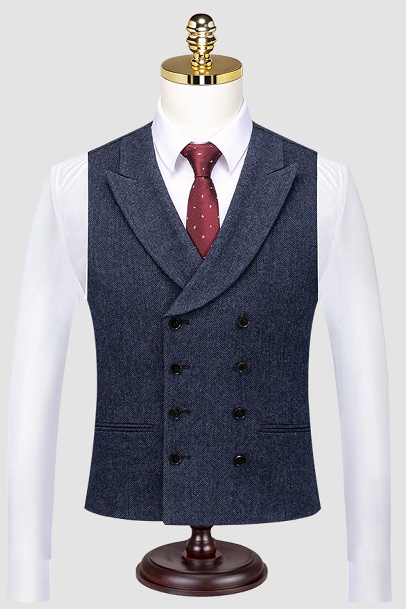 Men's British Vintage Double-Breasted Wool Herringbone Suit Vest