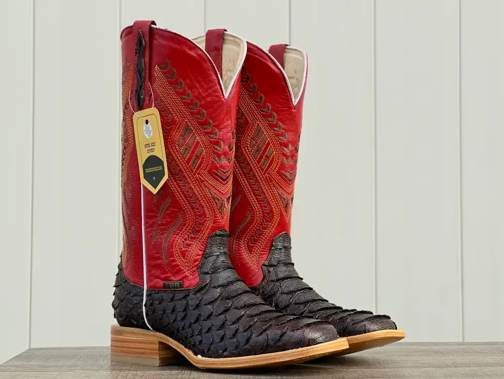 Men’s Brown Python Leather Boots With Red Shaft