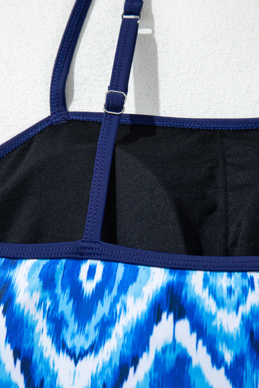 Navy Blue Abstract Print Frilled Trim Spaghetti Straps Tankini Set
