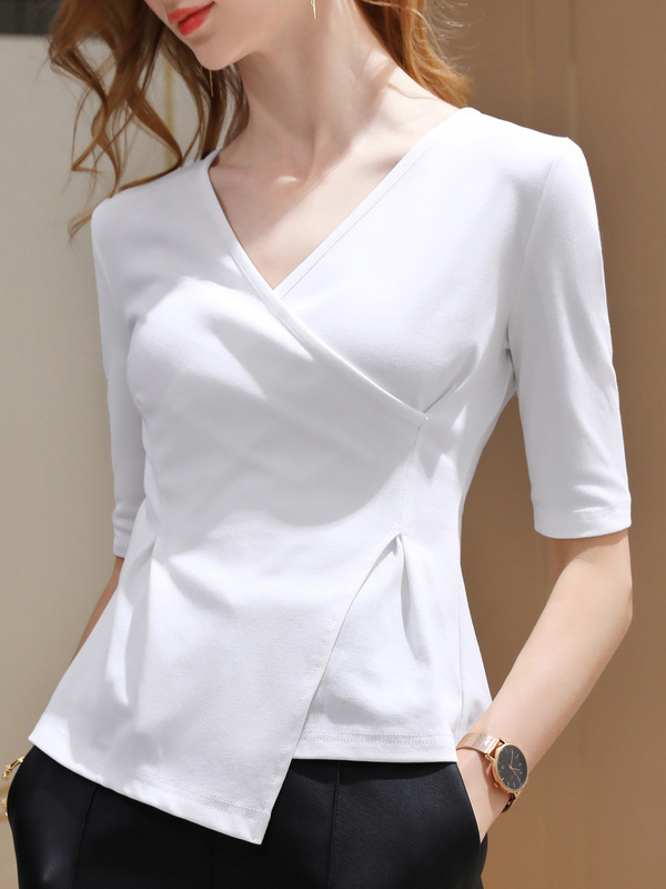 Asymmetric Solid Color Half Sleeves Skinny V-Neck T-Shirts Tops