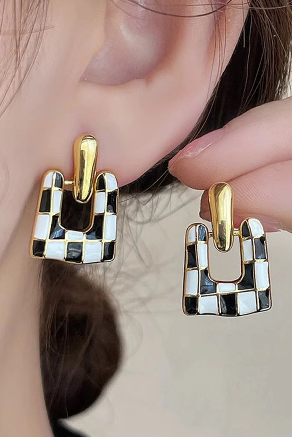 Black Checkered Pattern Square Shape Stud Dangle Earrings