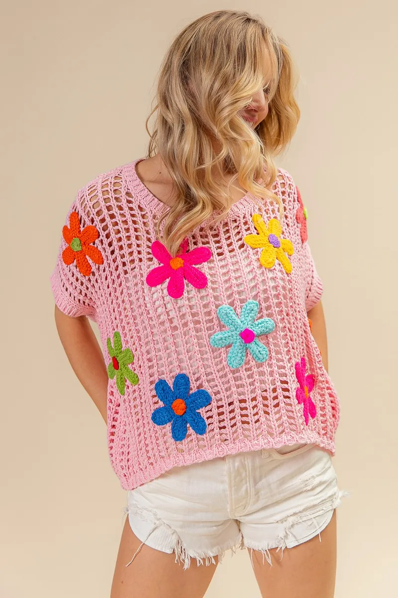 Flower Patches Short Sleeve Knit Cover Up