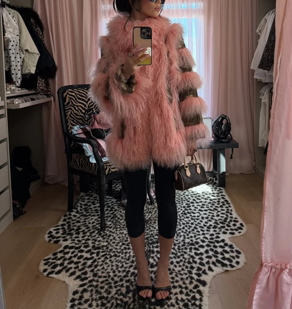 Pink Ribbed Sleeve Eco-Friendly Fur Coat