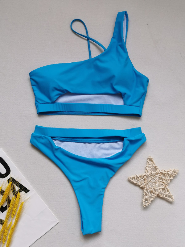 Fashion One-Sholuder Hollow Bralette High-Waisted Plain Bikini Swimwear