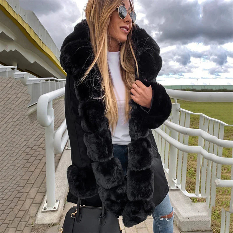 Women's parka with detachable puffed fur collar