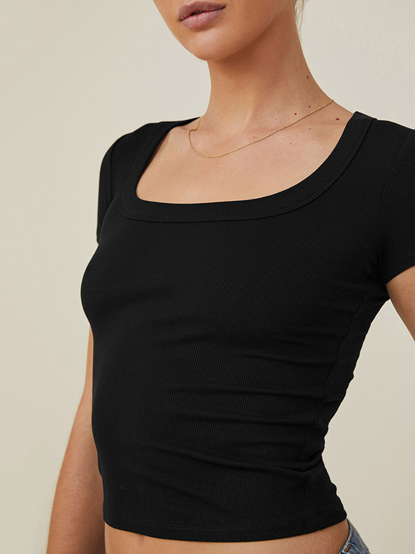 Solid Color Short Sleeves Skinny Square-neck T-Shirts Tops