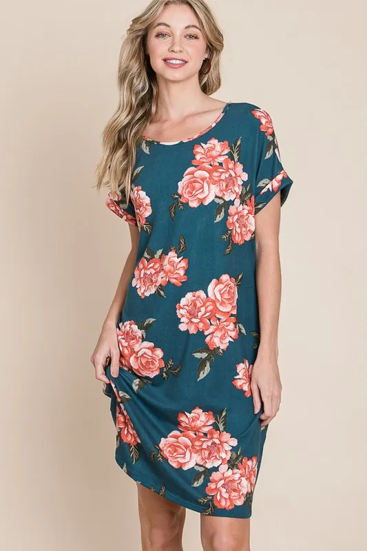 Floral Round Neck Short Tee Dress with Pockets