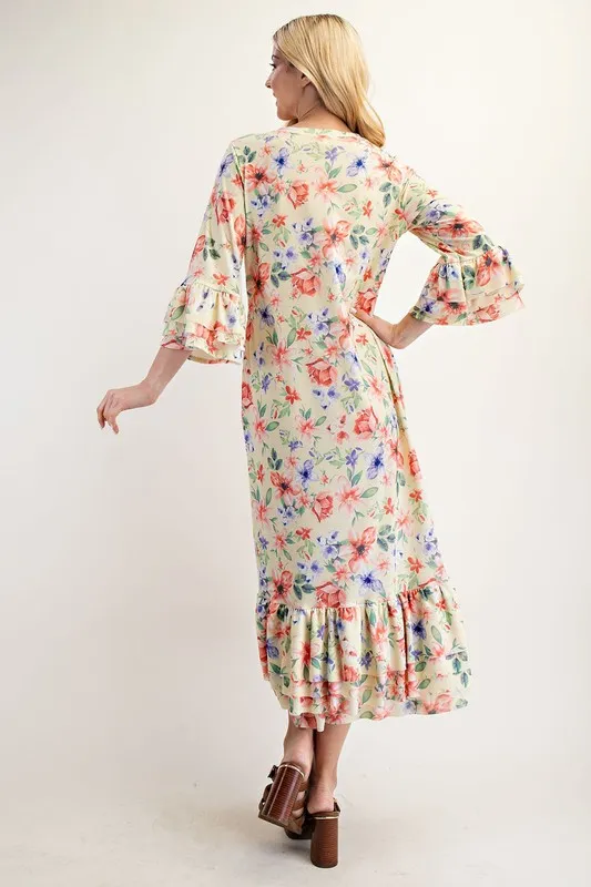 Celeste Full Size Soft Floral Ruffle Trim Dress Plus Size