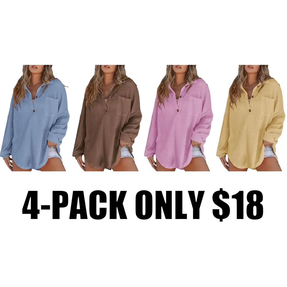 Women's Waffle Henley Shirt Tops