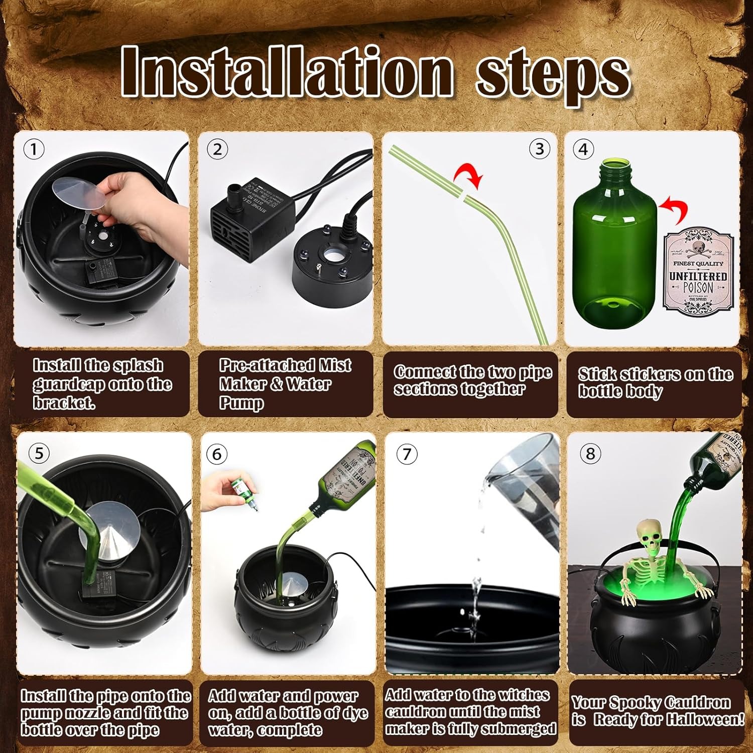 Cauldron Halloween Decor with Magic Floating Potion Bottles and Diffuser