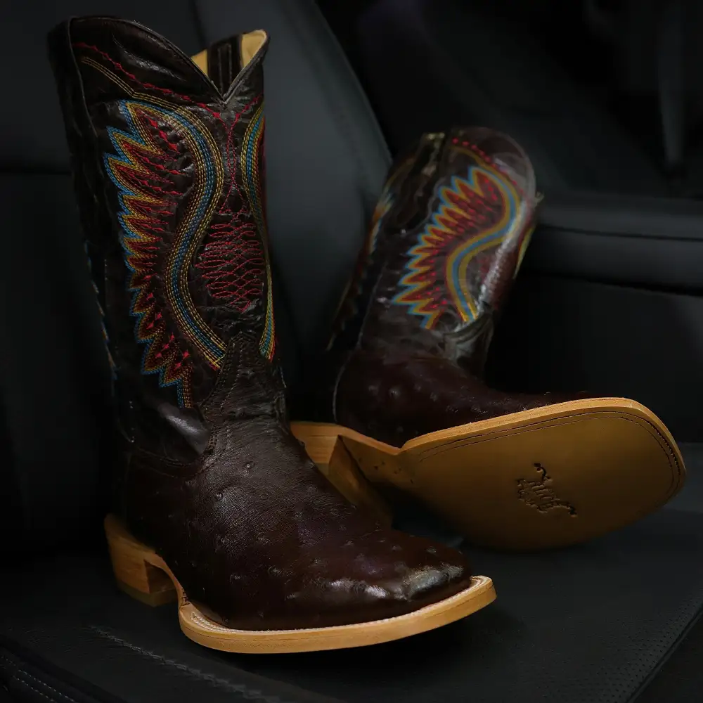 Men’s Chocolate Brown Genuine Ostrich Boots — Square Toe