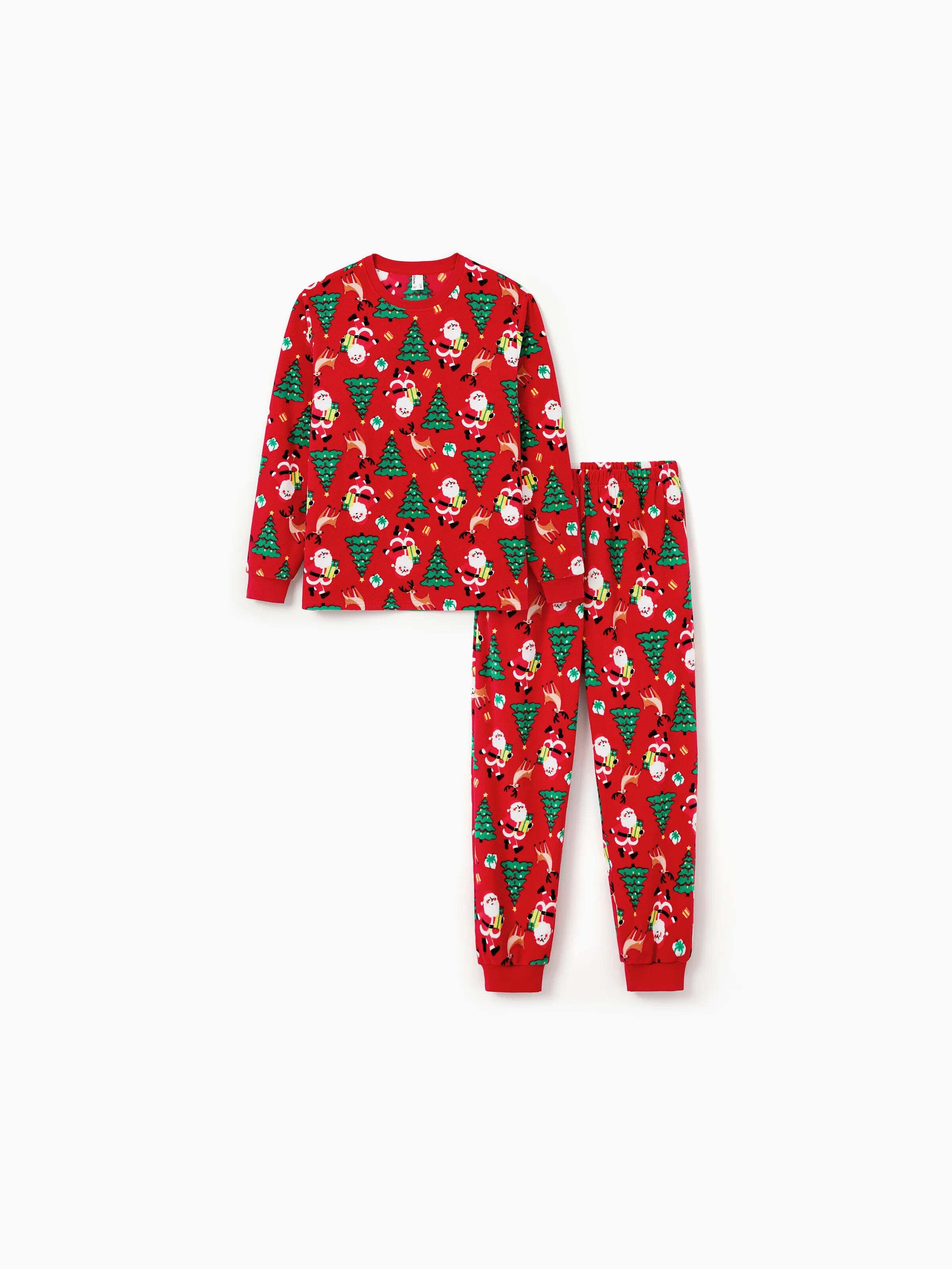 Christmas Matching Family Pajamas Set Santa Claus and Christmas Tree Print Red Fleece PJS with Christmas Socks Red
