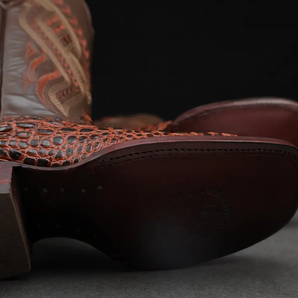 Cognac Caiman Neck Leather Boots - Square Toe