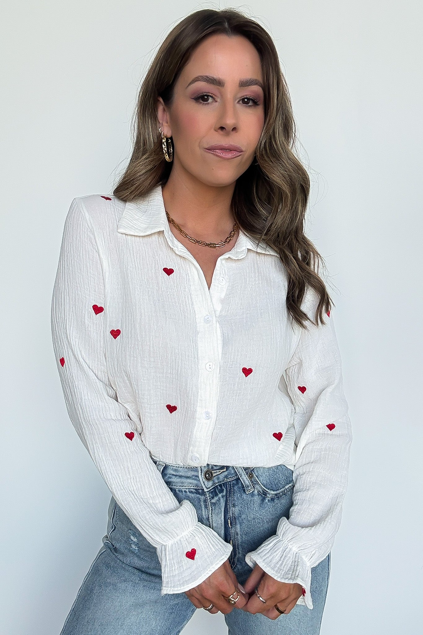 Heart Embroidered Button Down