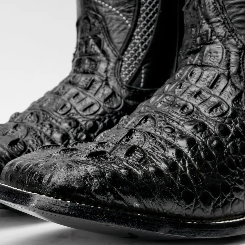 Black Caiman Neck Leather Boots - Square Toe