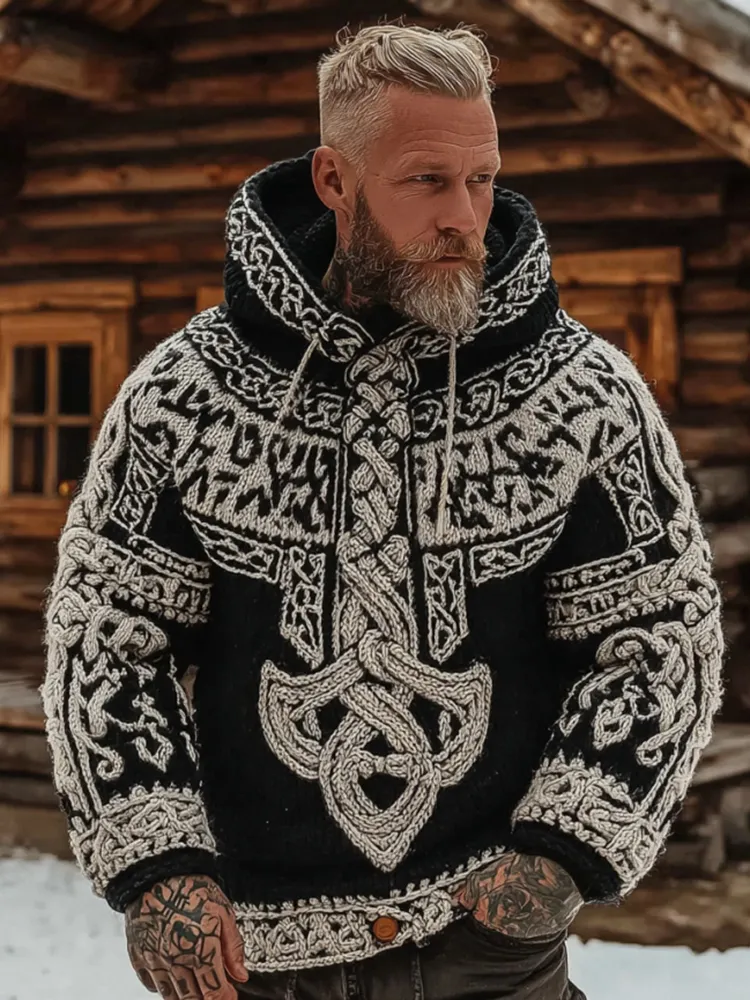 Men's Vintage Viking Celtic Pattern Art Knit Hooded Sweater
