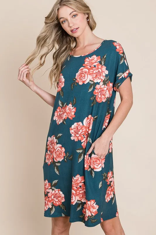 Floral Round Neck Short Tee Dress with Pockets