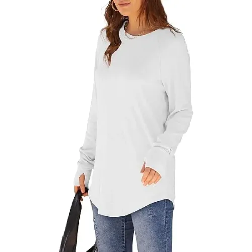 Womens Tunic Tops to Wear with Leggings Long Sleeve Thumb Hole Shirts Crew Neck Curved Hem