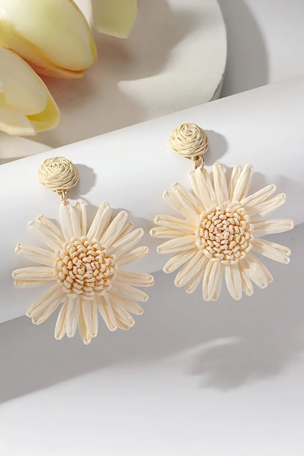 White Boho Raffia Crochet Sunflower Dangle Earrings