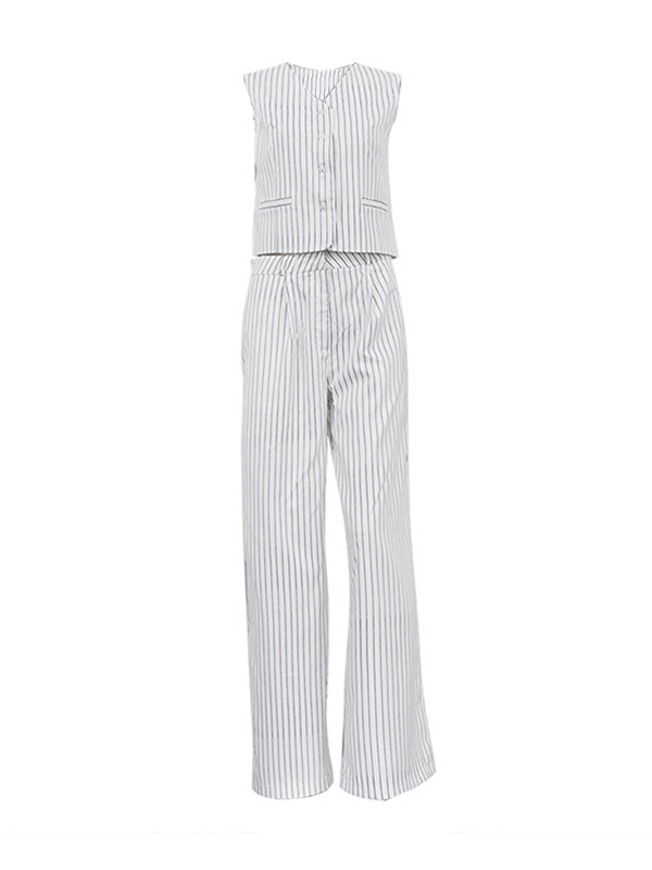 Striped Loose Sleeveless Buttoned V-Neck Vest Top + Pockets Pants Bottom Two Pieces Set