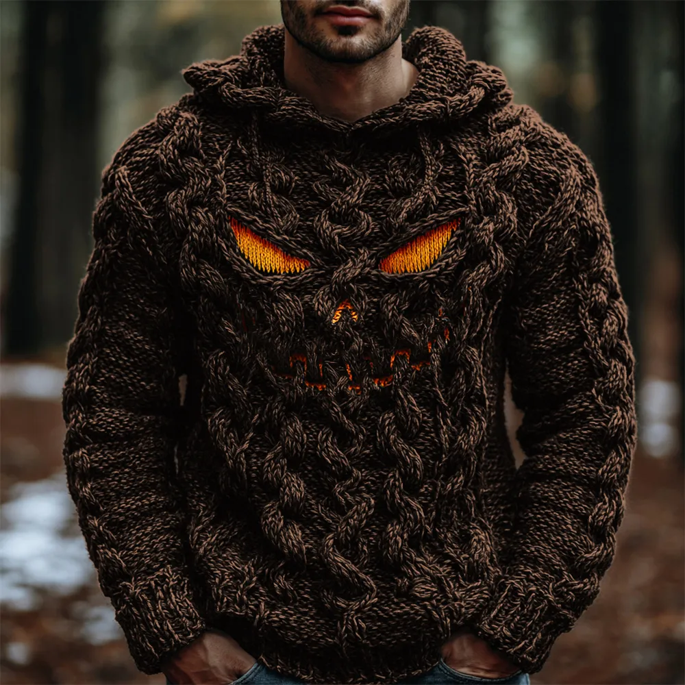 Halloween Evil Pumpkin Emoji Men's Chunky Knit Hooded Sweater