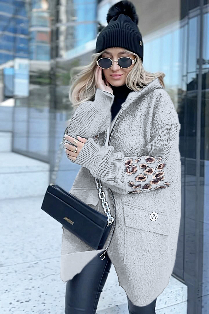 Contrast leopard print hooded knitted jacket
