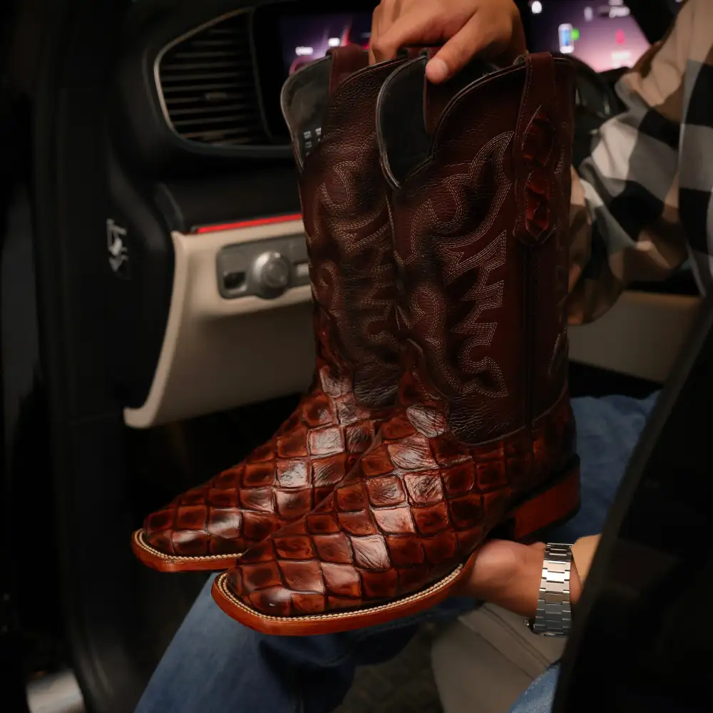 Cognac Pirarucu Leather Boots—Square Toe