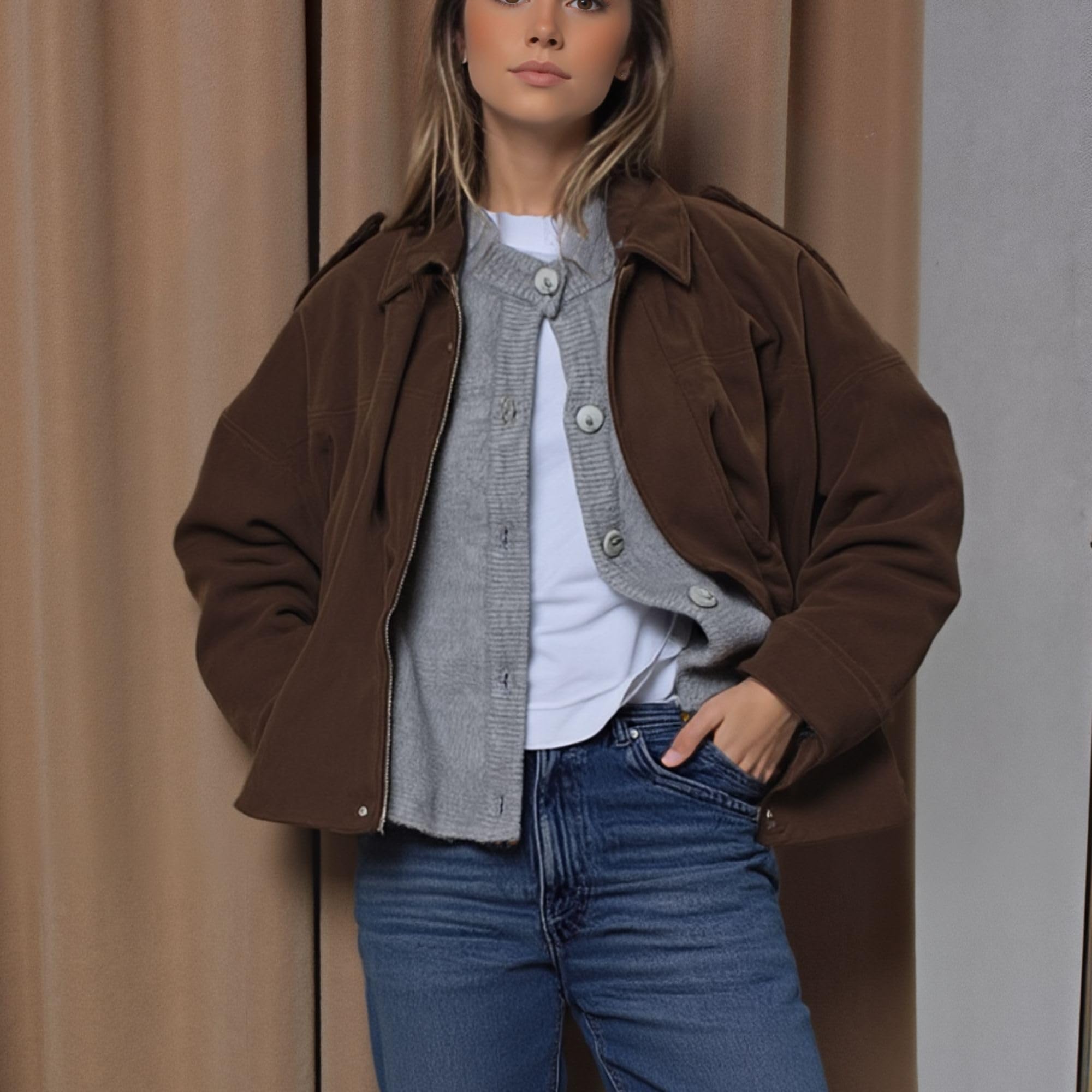 Xunger Women's Faux Suede Bomber Jacket Spring Lapel Pilot Coat Casual Oversized Long Sleeves Trendy Streetwear Outerwear