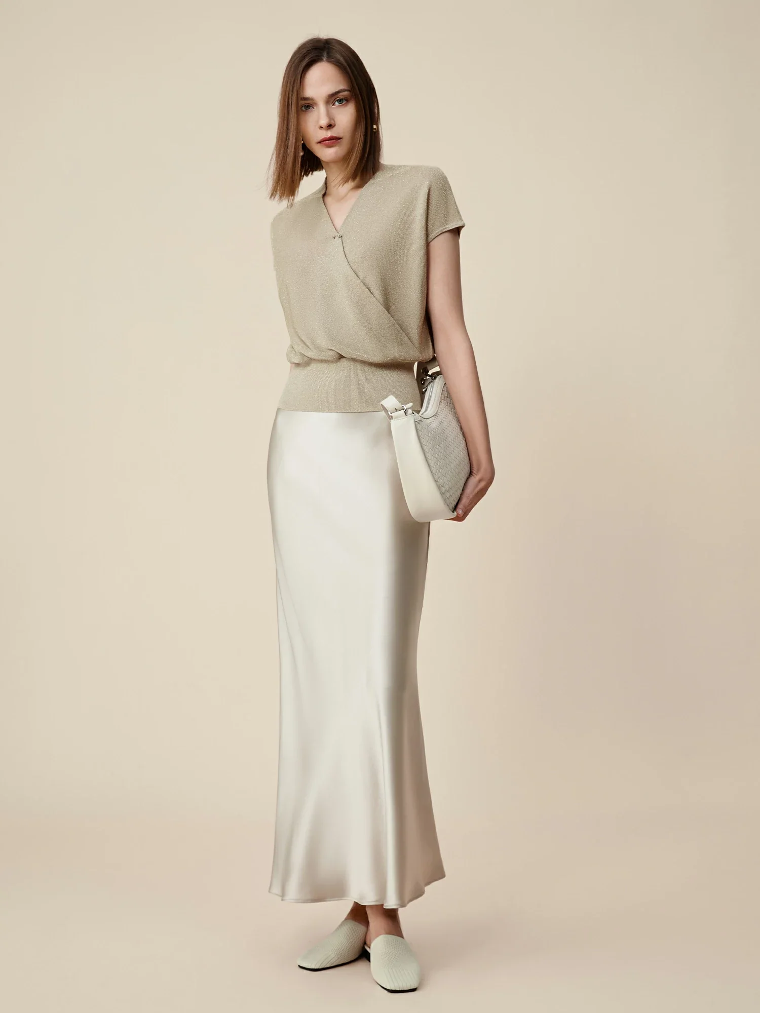 Gold Silver Yarn Short-sleeved Surplice Top