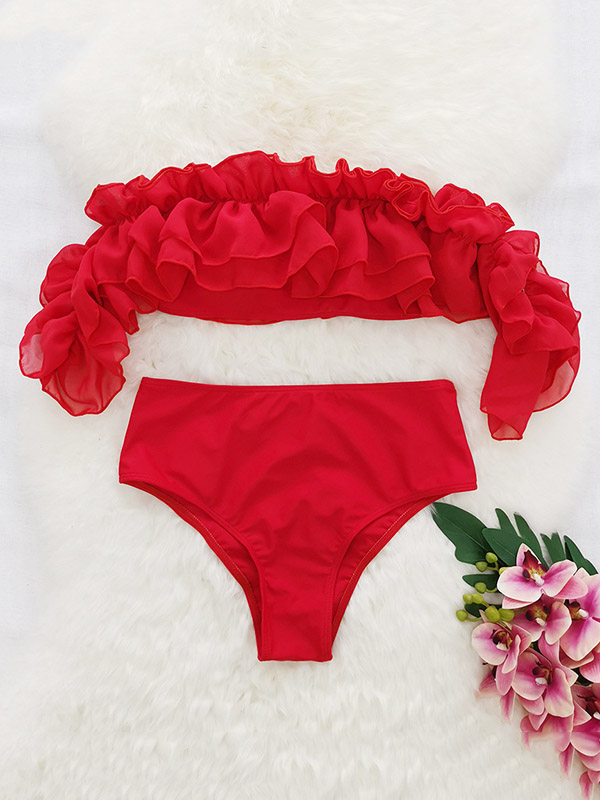 Off-The-Shoulder Falbala Padded Bralette High-Waisted Bikini Swimwear