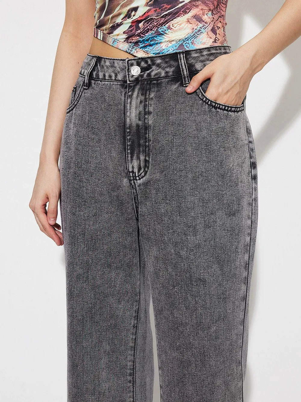 High Waist Mineral Wash Bootcut Jeans with Pockets