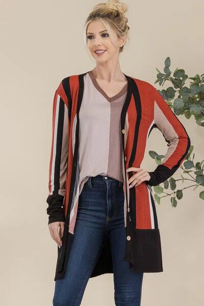 Celeste Full Size Striped Button Up Long Sleeve Cardigan