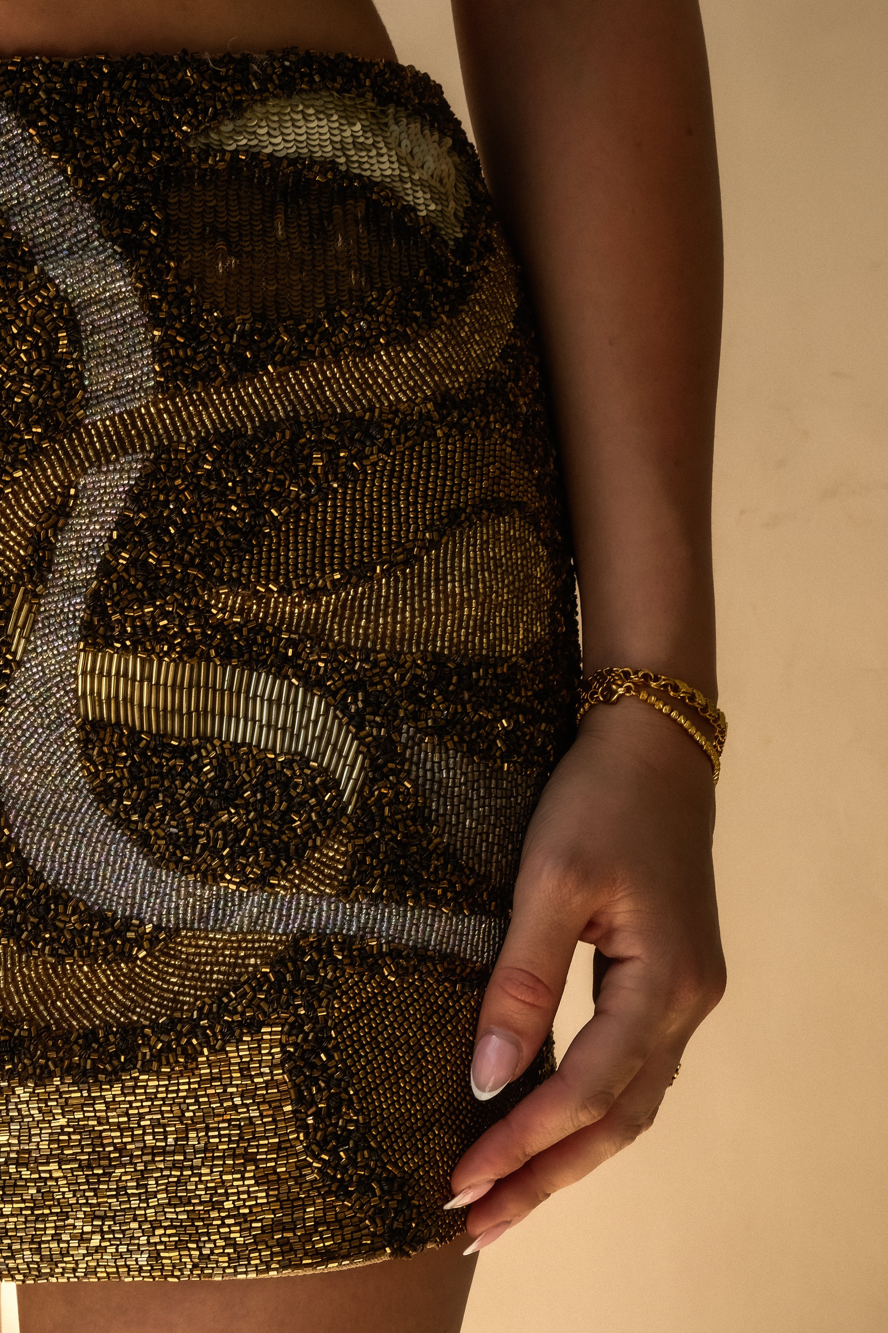 Gold Hand Beaded Abstract Mini Skirt