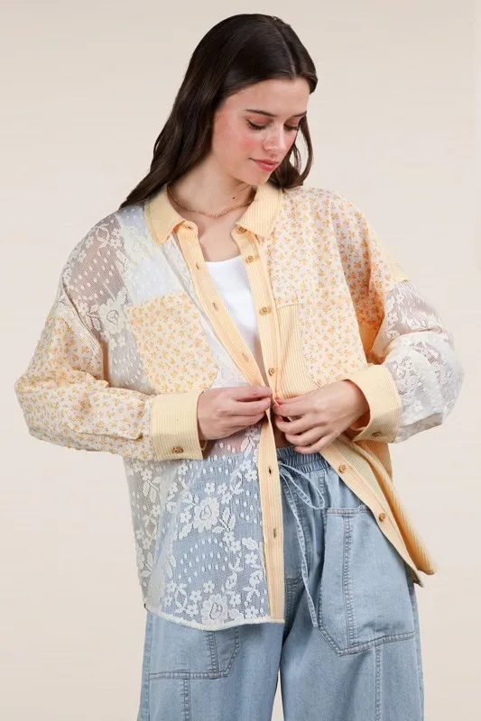 Plus Size Contrast Ribbed Knit Lace Shacket