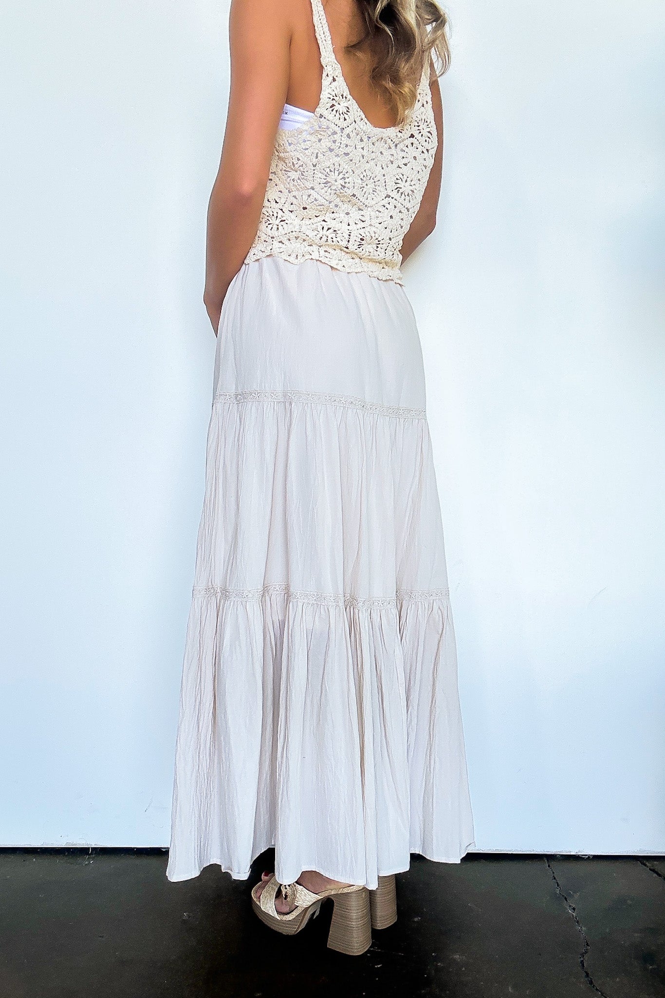 Crochet Detail Tiered Maxi Skirt