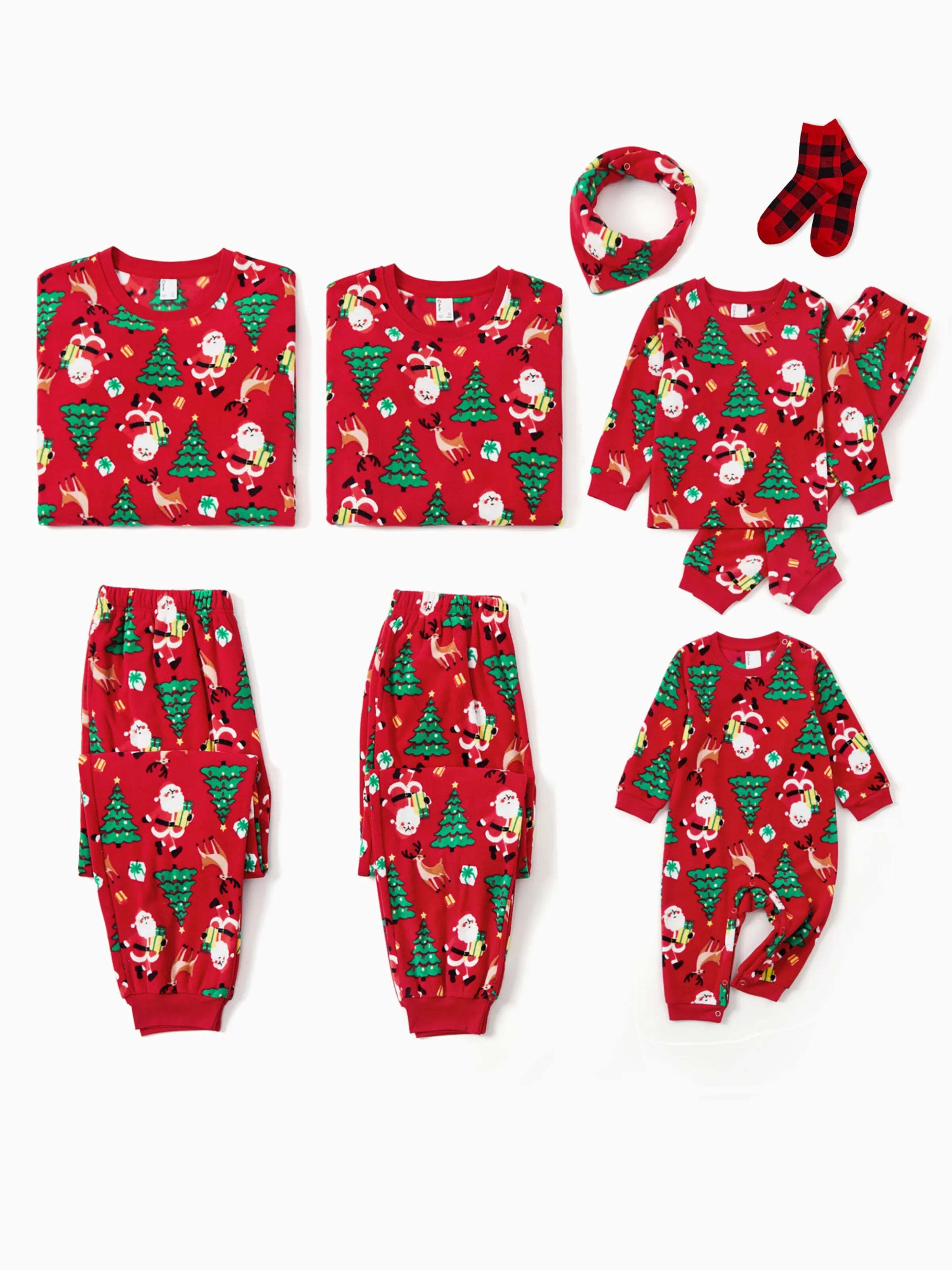 Christmas Matching Family Pajamas Set Santa Claus and Christmas Tree Print Red Fleece PJS with Christmas Socks Red