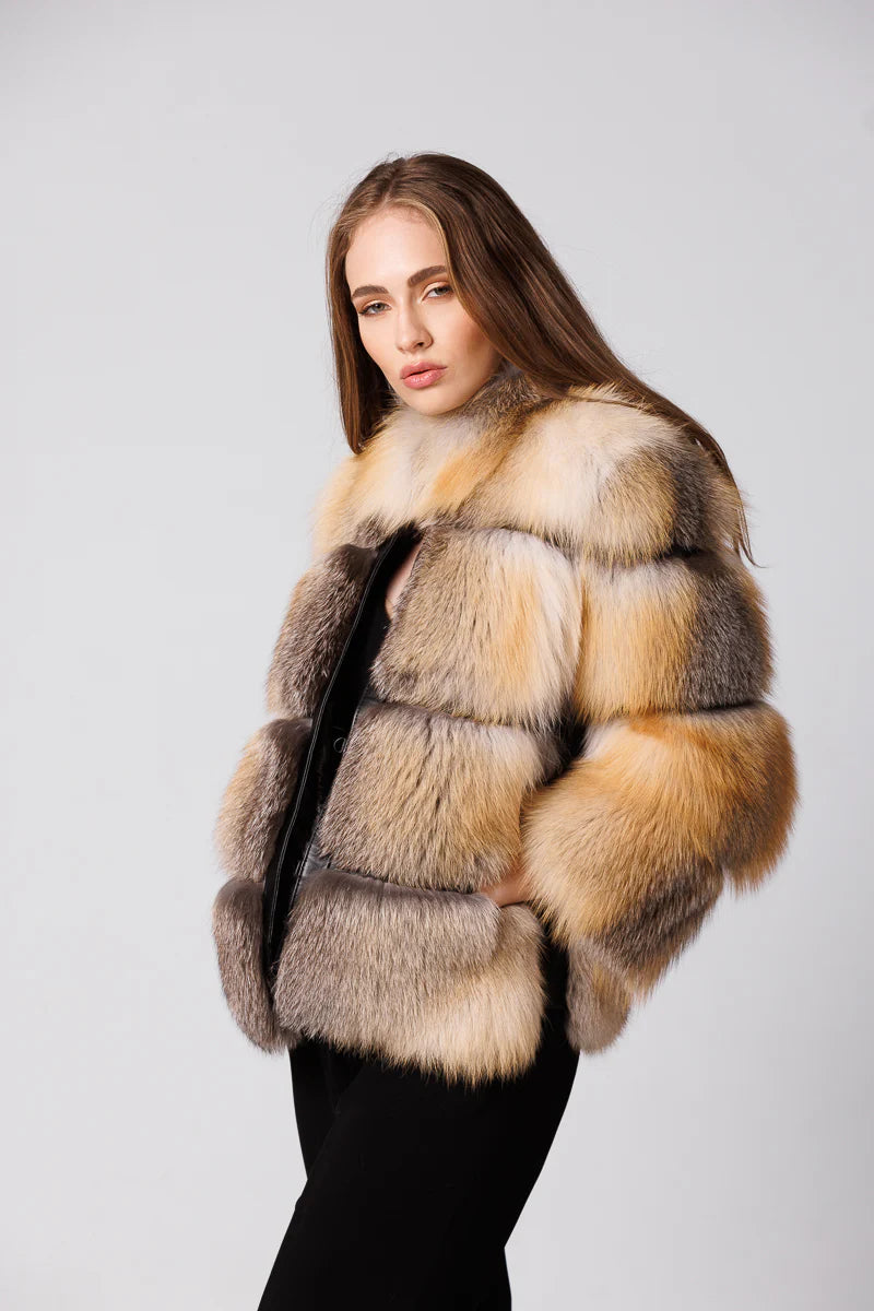 Haină din Blană Naturală de Vulpe Canadiană, Femei, Brown Frost 244