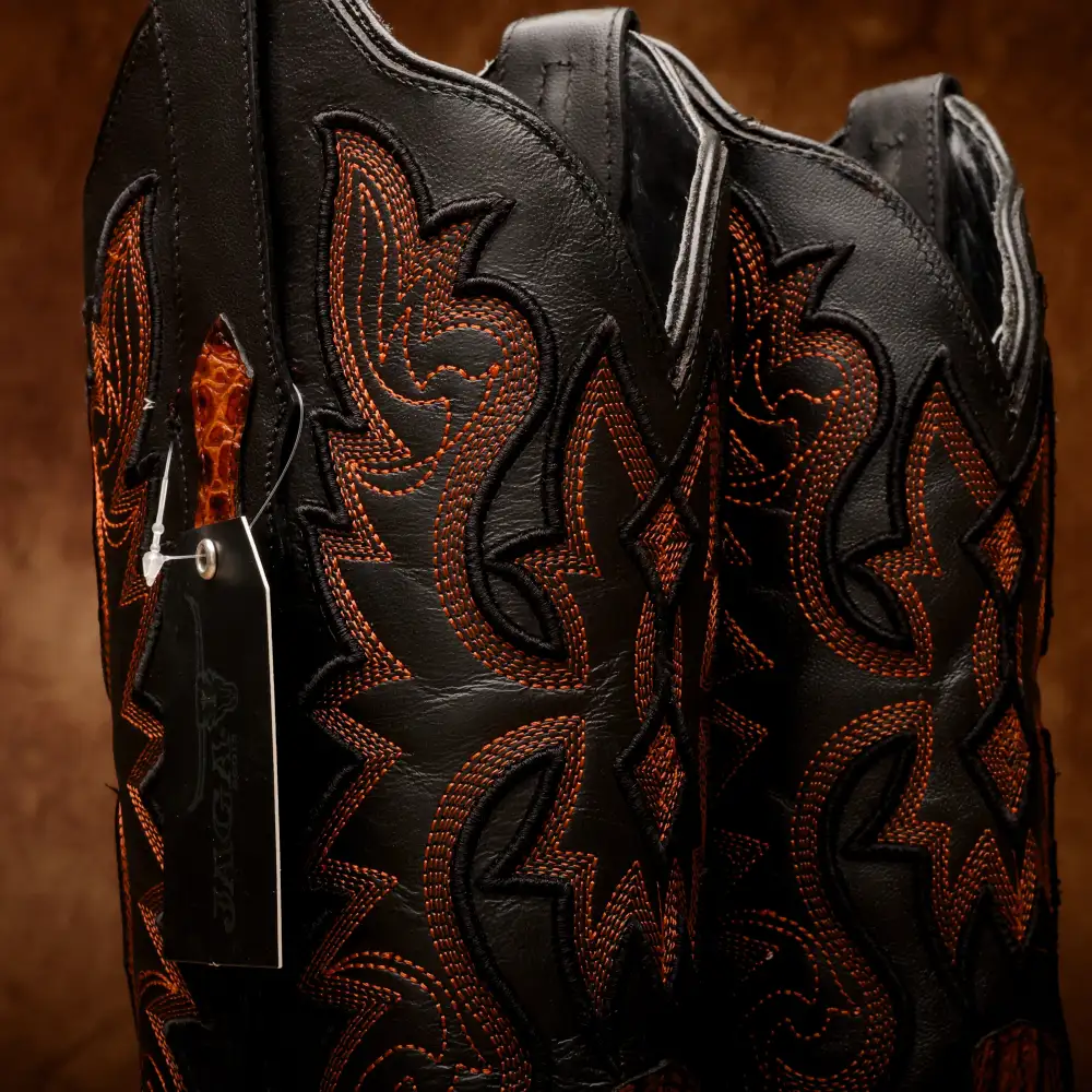 Cognac Caiman Neck Leather Boots - Square Toe