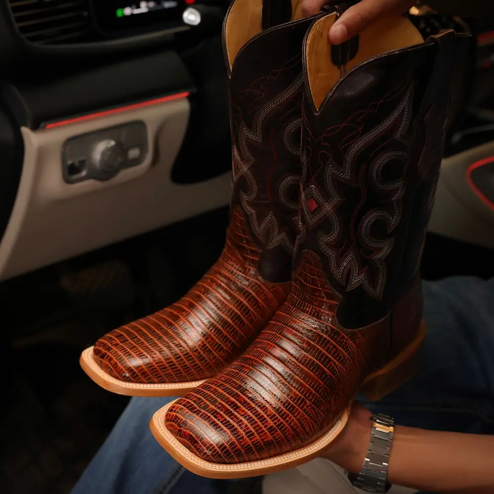 Cognac Lizard Leather Boots — Square Toe
