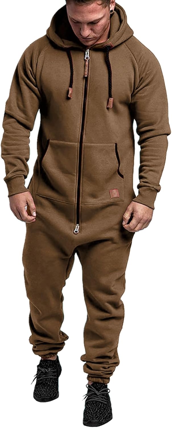 Mens Fleece Lined Hooded Jumpsuit Full Zip Up One Piece Pajamas Onesie Overalls Rompers Playsuit Jogging Sweatsuits