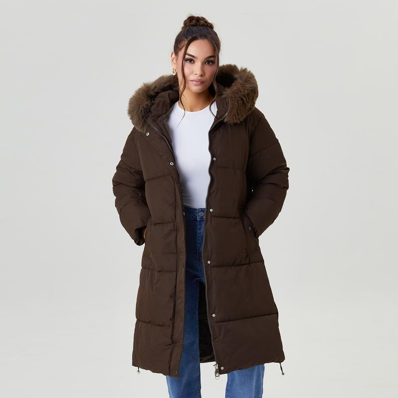 Women's Classy Solid Color Fluffy Hooded Waist Tie Zipper Thermal Long Outerwear with Gloves
