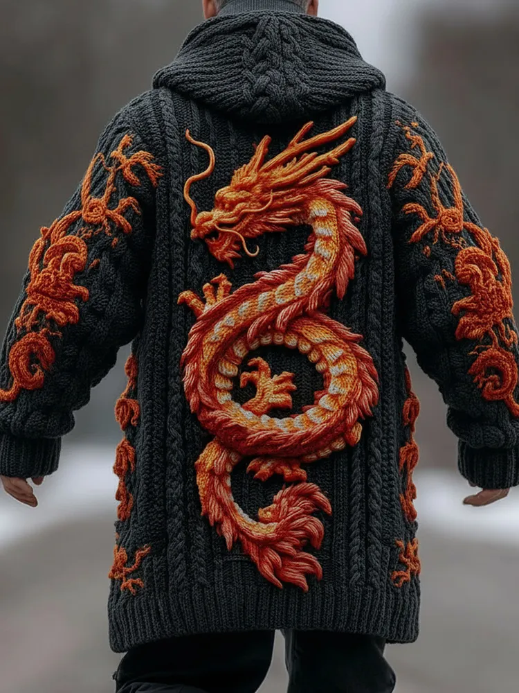 Men's Viking Dragon Art Thick Long Knit Cardigan Sweater