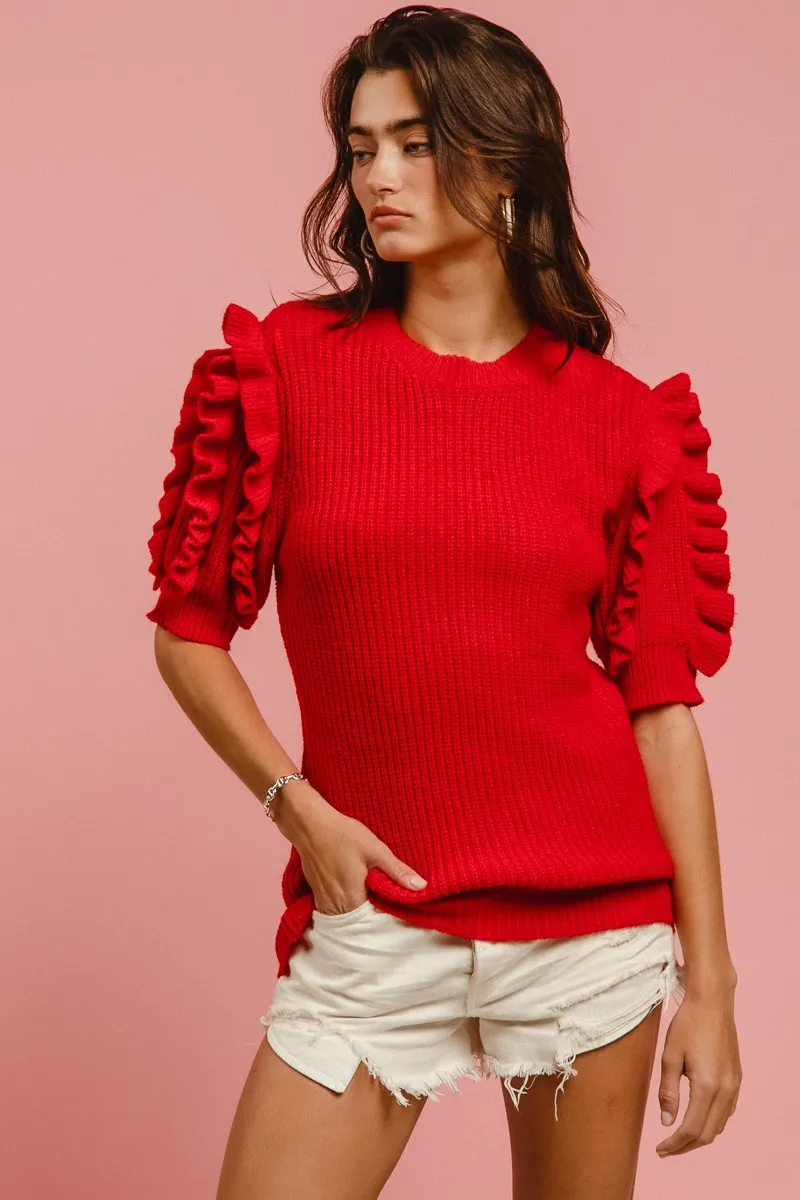 Solid Knit Ruffled Sleeves Top
